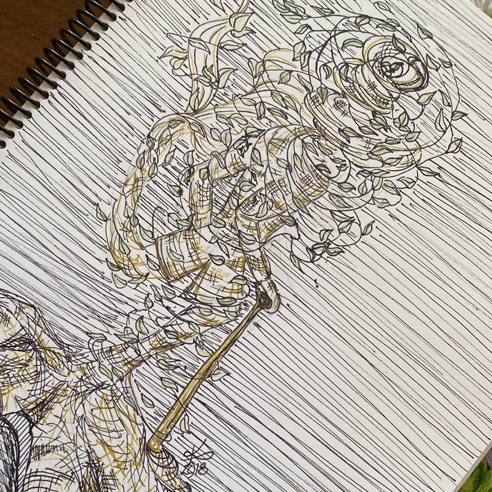 Unframed Original Art Drawing Illustration Tree Leaf Storm Man Fantasy Figure